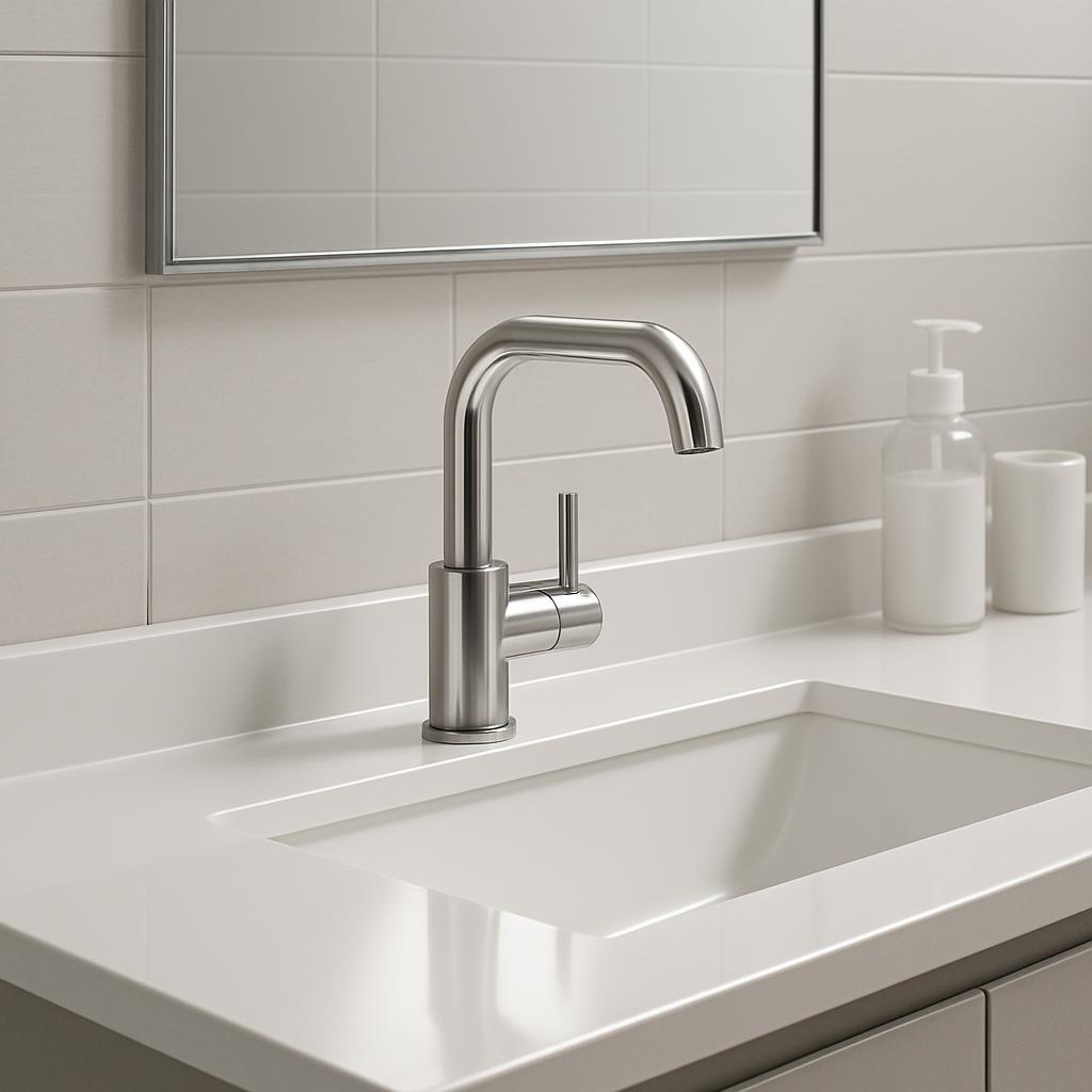 A close-up image of a white bathroom sink with modern sleek faucet, and white backed mirror overlaying a tile backsplash, ...
