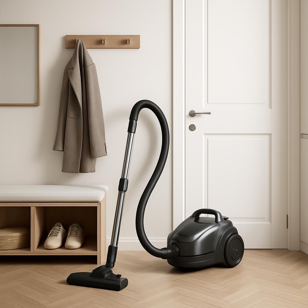 A vacuum cleaner is a cleaning device that uses suction to clean floors and other surfaces. An image of a vacuum cleanr wi...