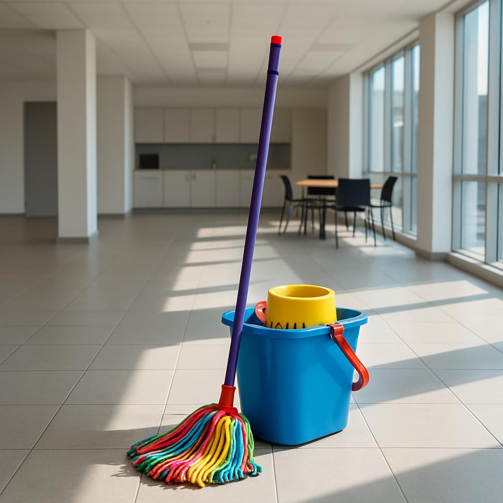 This image depicts a mop and a bucket in an empty room. The mop is made of multicolored rope attached to a purple handle w...